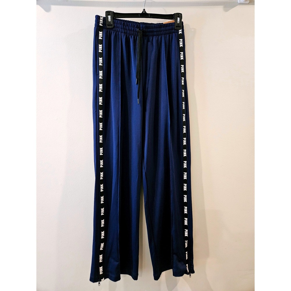 Victoria's Secret PINK Active High Waist Wide Leg Track Pant Navy Blue Logo M